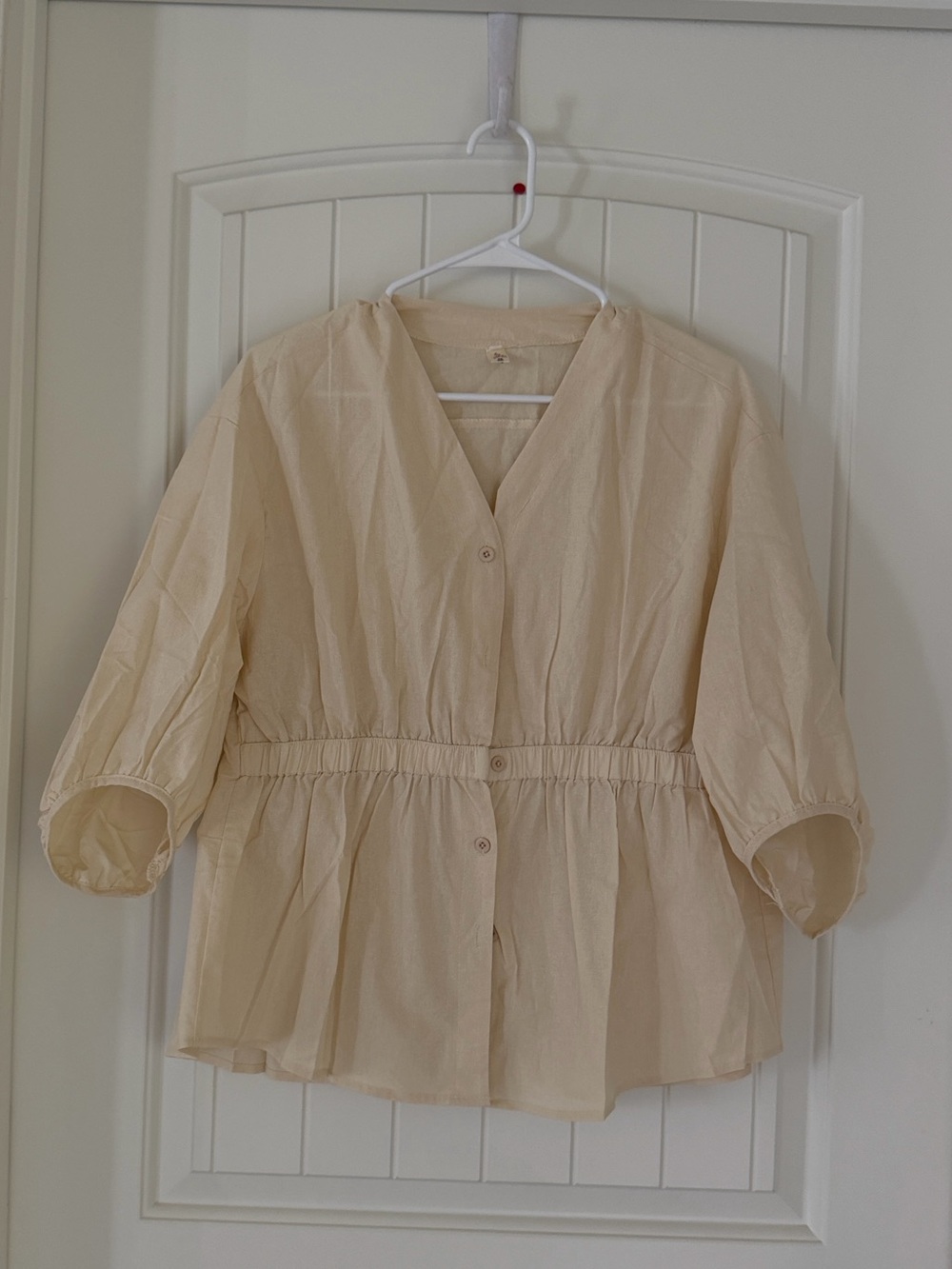 Light Beige V-Neck Button Front Peplum Blouse
